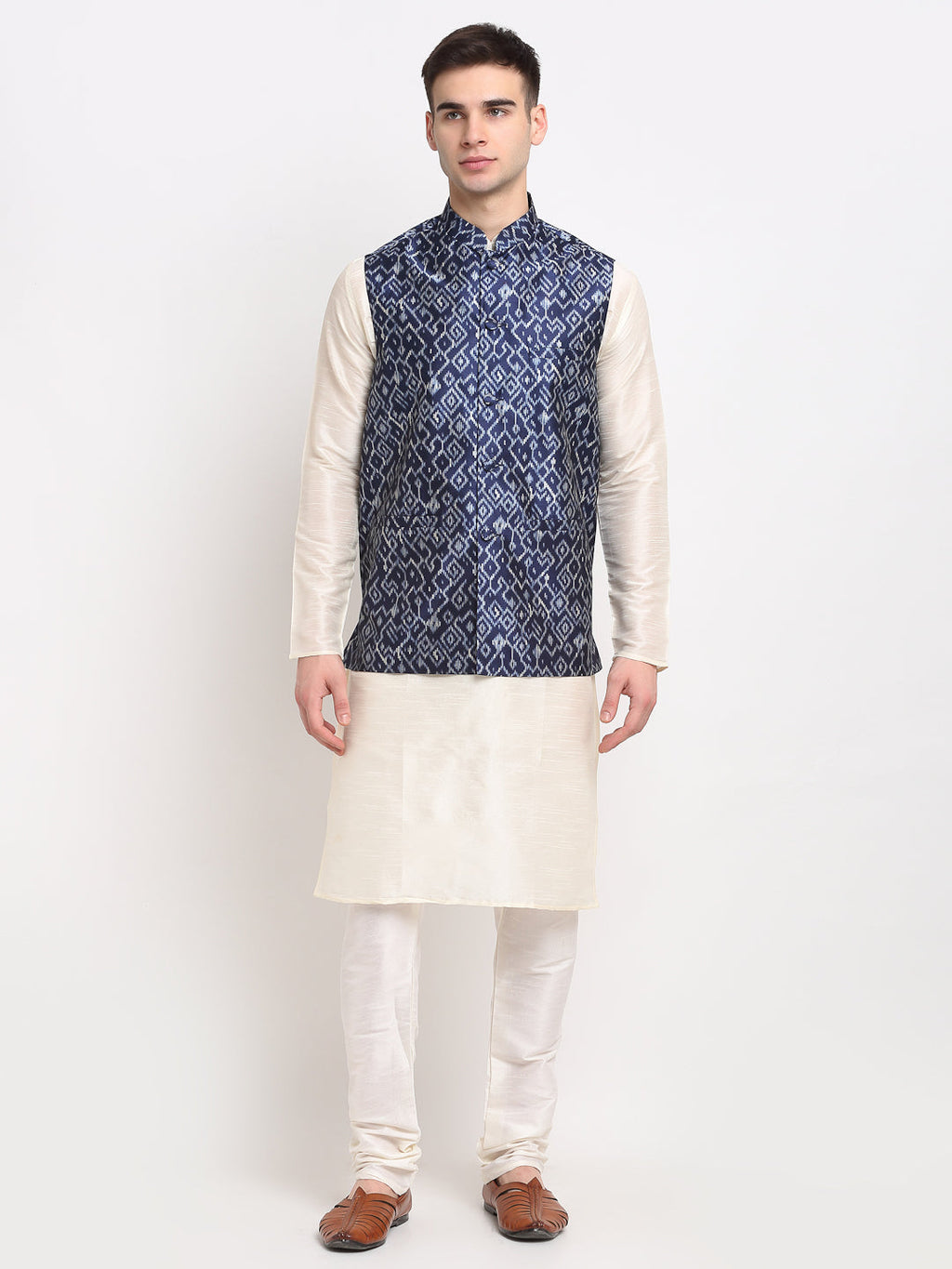 Jompers Men's Off-white Dupion Silk Kurta with Churidar&Nehru Jacket(Blue) | Grocsy