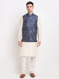 Jompers Men's Off-white Dupion Silk Kurta with Churidar&Nehru Jacket(Blue) | Grocsy