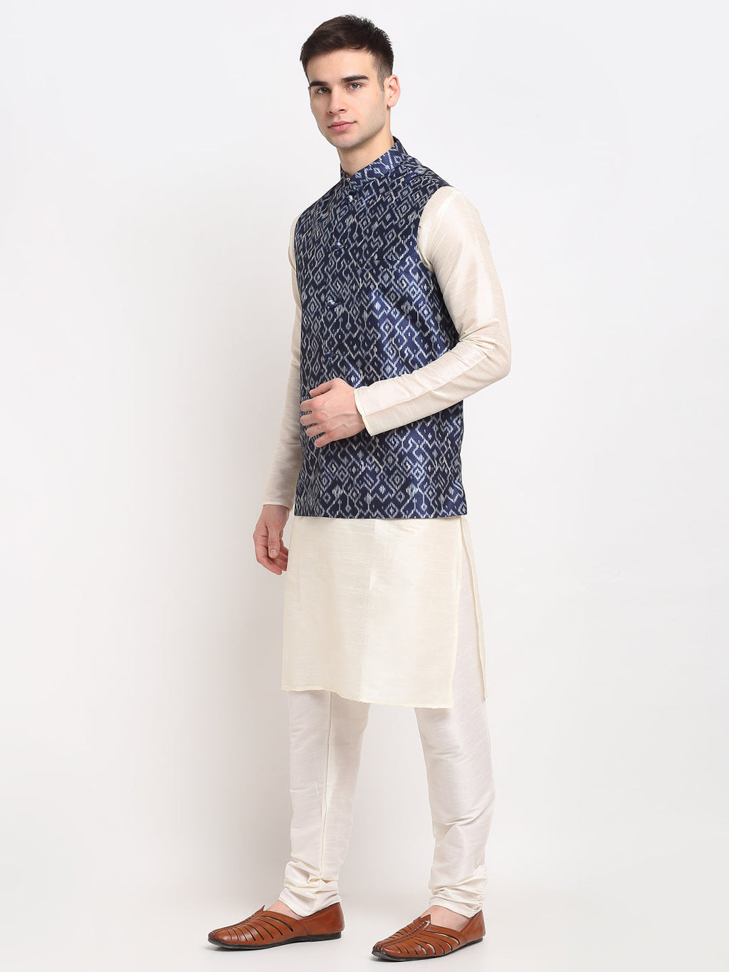 Jompers Men's Off-white Dupion Silk Kurta with Churidar&Nehru Jacket(Blue) | Grocsy