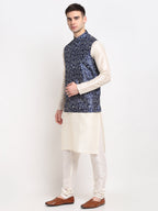 Jompers Men's Off-white Dupion Silk Kurta with Churidar&Nehru Jacket(Blue) | Grocsy