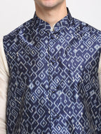 Jompers Men's Off-white Dupion Silk Kurta with Churidar&Nehru Jacket(Blue) | Grocsy