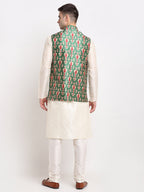 Jompers Men's Off-white Dupion Silk Kurta with Churidar & Nehru Jacket (Green) | Grocsy
