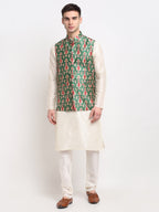 Jompers Men's Off-white Dupion Silk Kurta with Churidar & Nehru Jacket (Green) | Grocsy