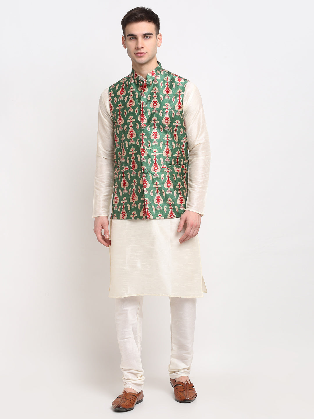 Jompers Men's Off-white Dupion Silk Kurta with Churidar & Nehru Jacket (Green) | Grocsy