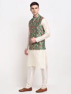 Jompers Men's Off-white Dupion Silk Kurta with Churidar & Nehru Jacket (Green) | Grocsy