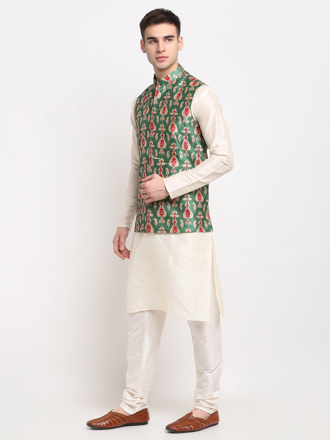 Jompers Men's Off-white Dupion Silk Kurta with Churidar & Nehru Jacket (Green) | Grocsy