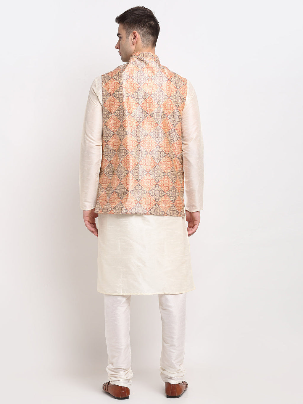 Jompers Men's Off-white Dupion Silk Kurta with Churidar & Nehru Jacket(Peach-Purple) | Grocsy