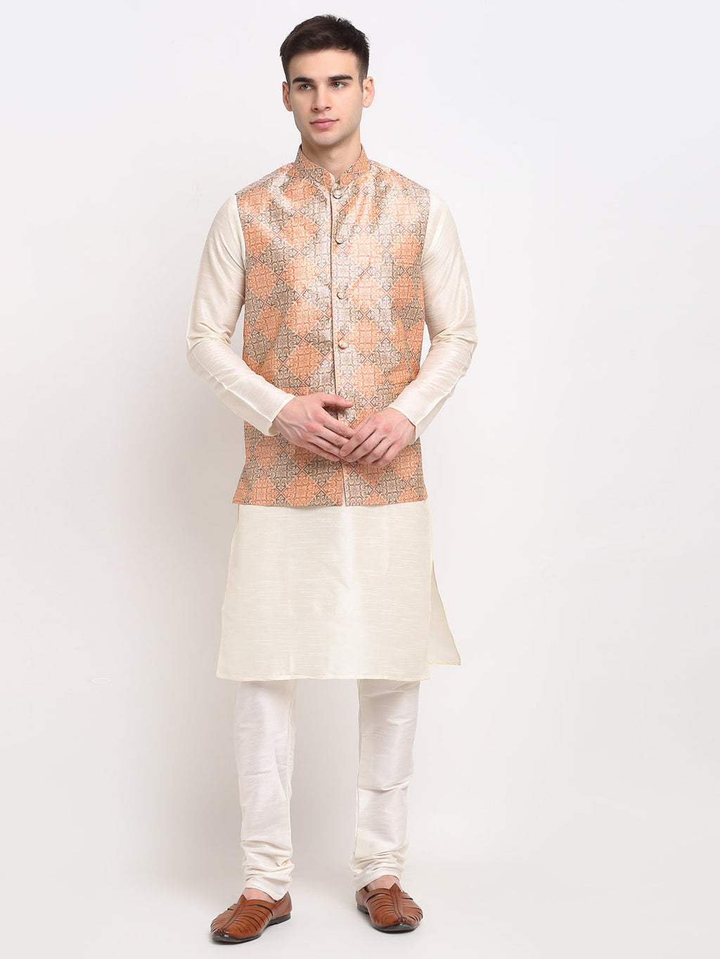 Jompers Men's Off-white Dupion Silk Kurta with Churidar & Nehru Jacket(Peach-Purple) | Grocsy