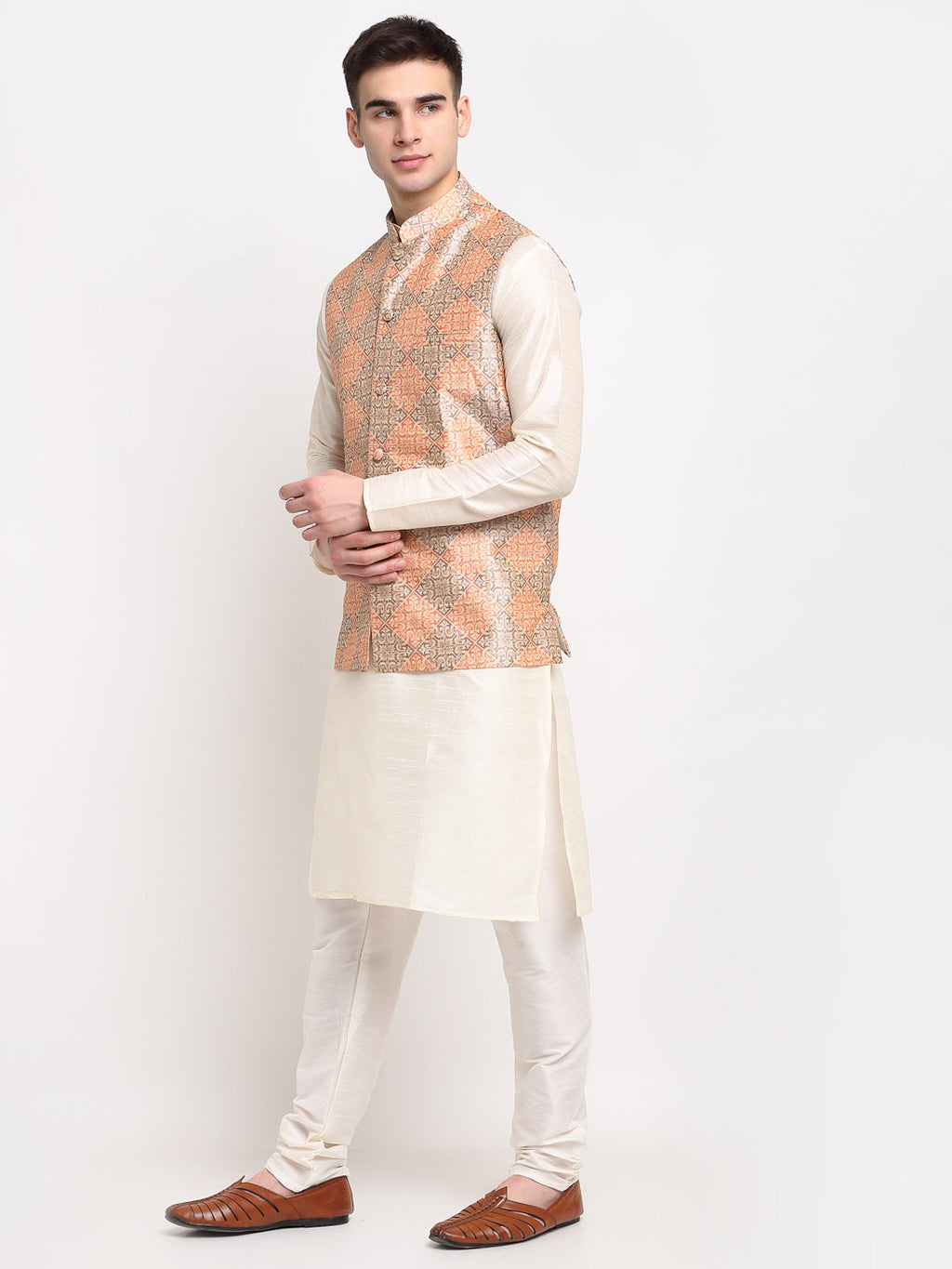 Jompers Men's Off-white Dupion Silk Kurta with Churidar & Nehru Jacket(Peach-Purple) | Grocsy