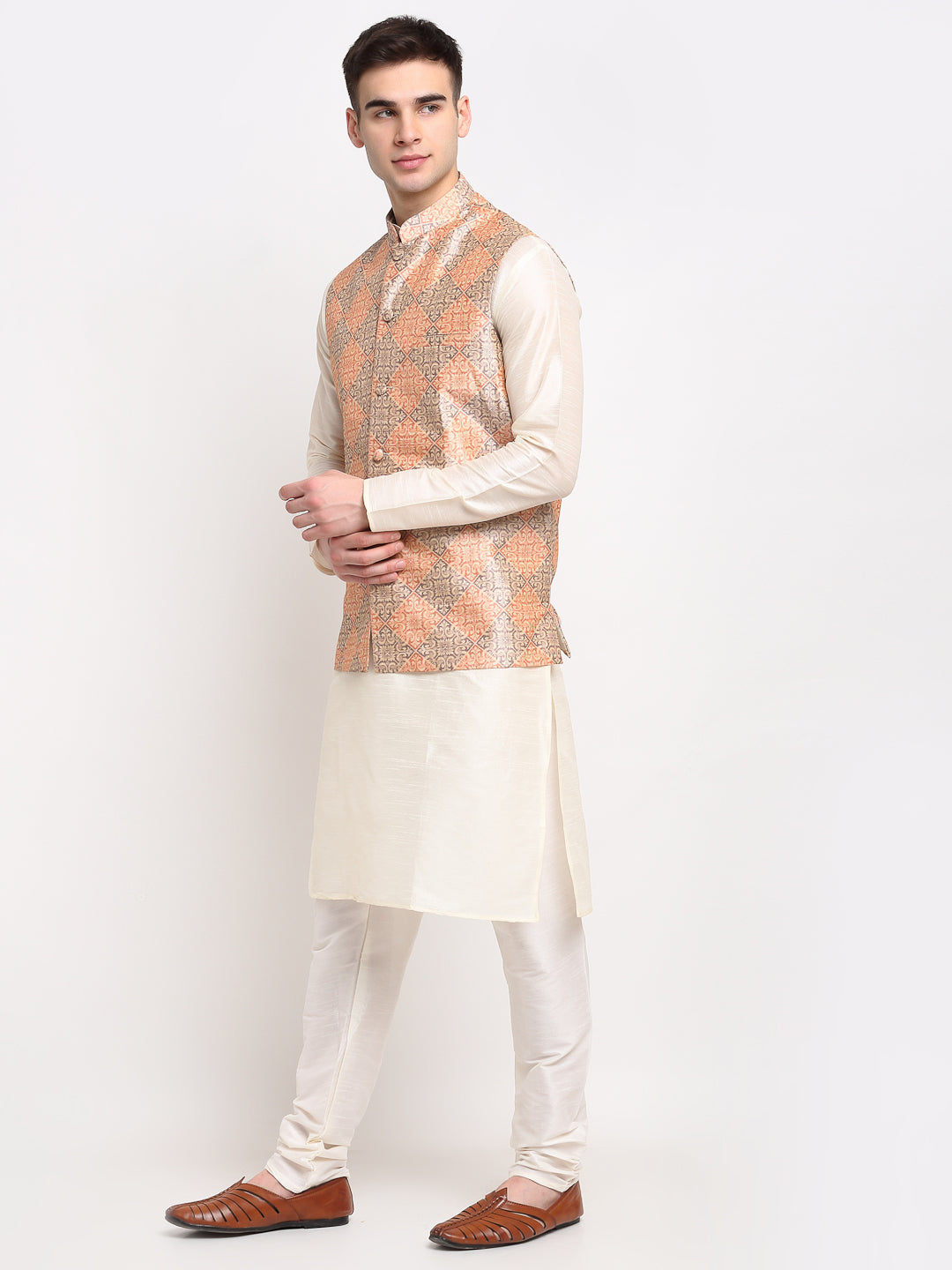 Jompers Men's Off-white Dupion Silk Kurta with Churidar & Nehru Jacket(Peach-Purple) | Grocsy
