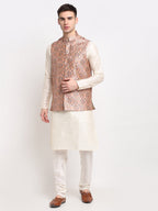 Jompers Men's Off-white Dupion Silk Kurta with Churidar & Nehru Jacket (Peach) | Grocsy