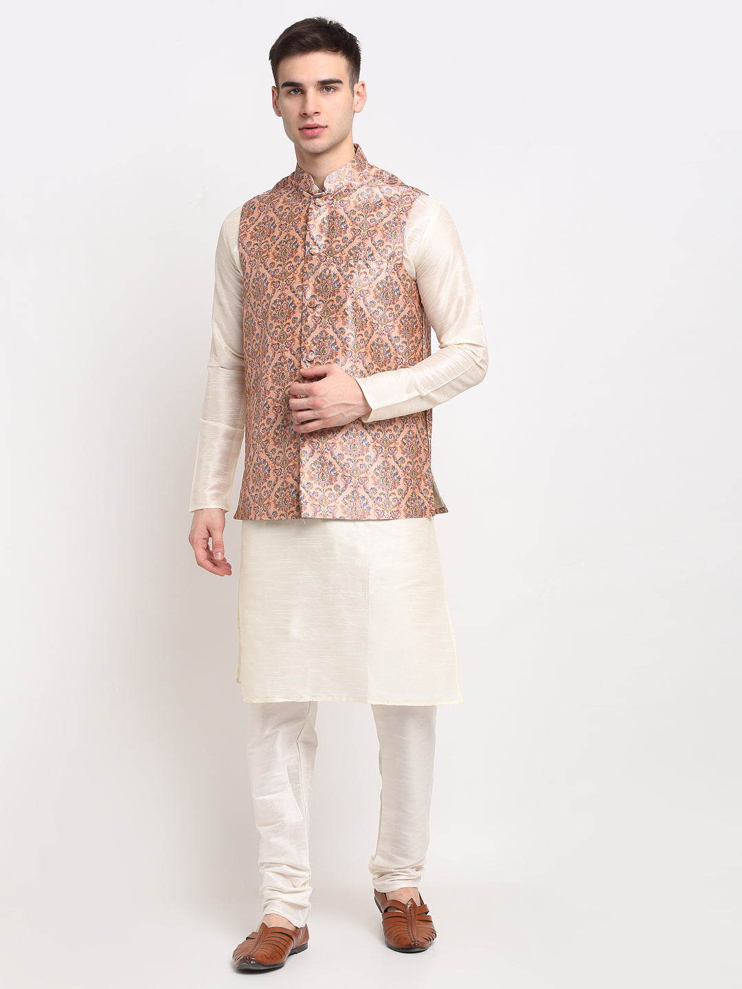 Jompers Men's Off-white Dupion Silk Kurta with Churidar & Nehru Jacket (Peach) | Grocsy