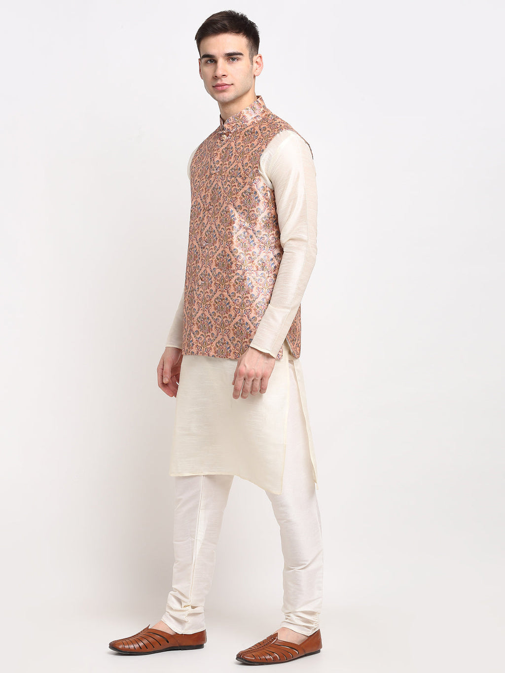 Jompers Men's Off-white Dupion Silk Kurta with Churidar & Nehru Jacket (Peach) | Grocsy