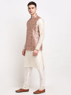 Jompers Men's Off-white Dupion Silk Kurta with Churidar & Nehru Jacket (Peach) | Grocsy