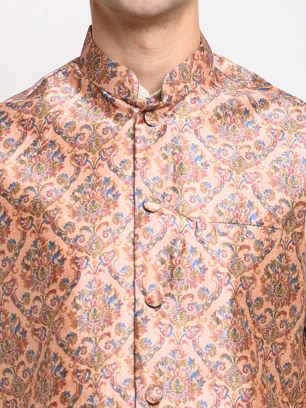Jompers Men's Off-white Dupion Silk Kurta with Churidar & Nehru Jacket (Peach) | Grocsy
