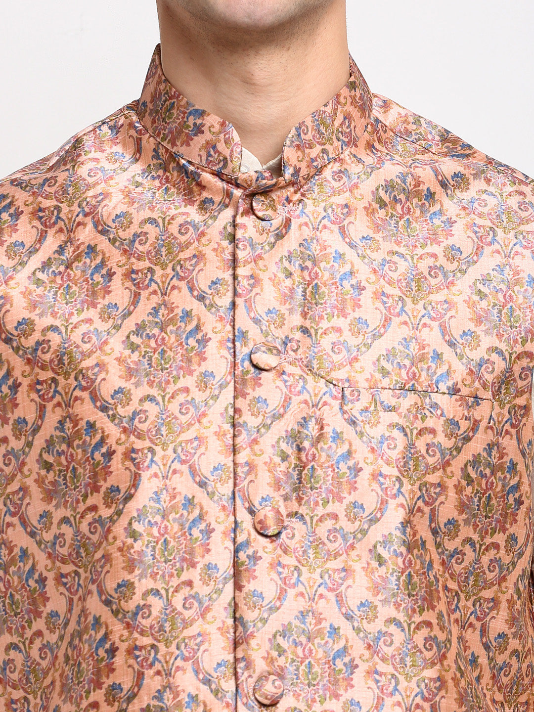 Jompers Men's Off-white Dupion Silk Kurta with Churidar & Nehru Jacket (Peach) | Grocsy