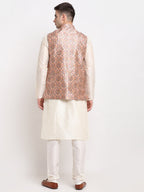 Jompers Men's Off-white Dupion Silk Kurta with Churidar & Nehru Jacket (Peach) | Grocsy