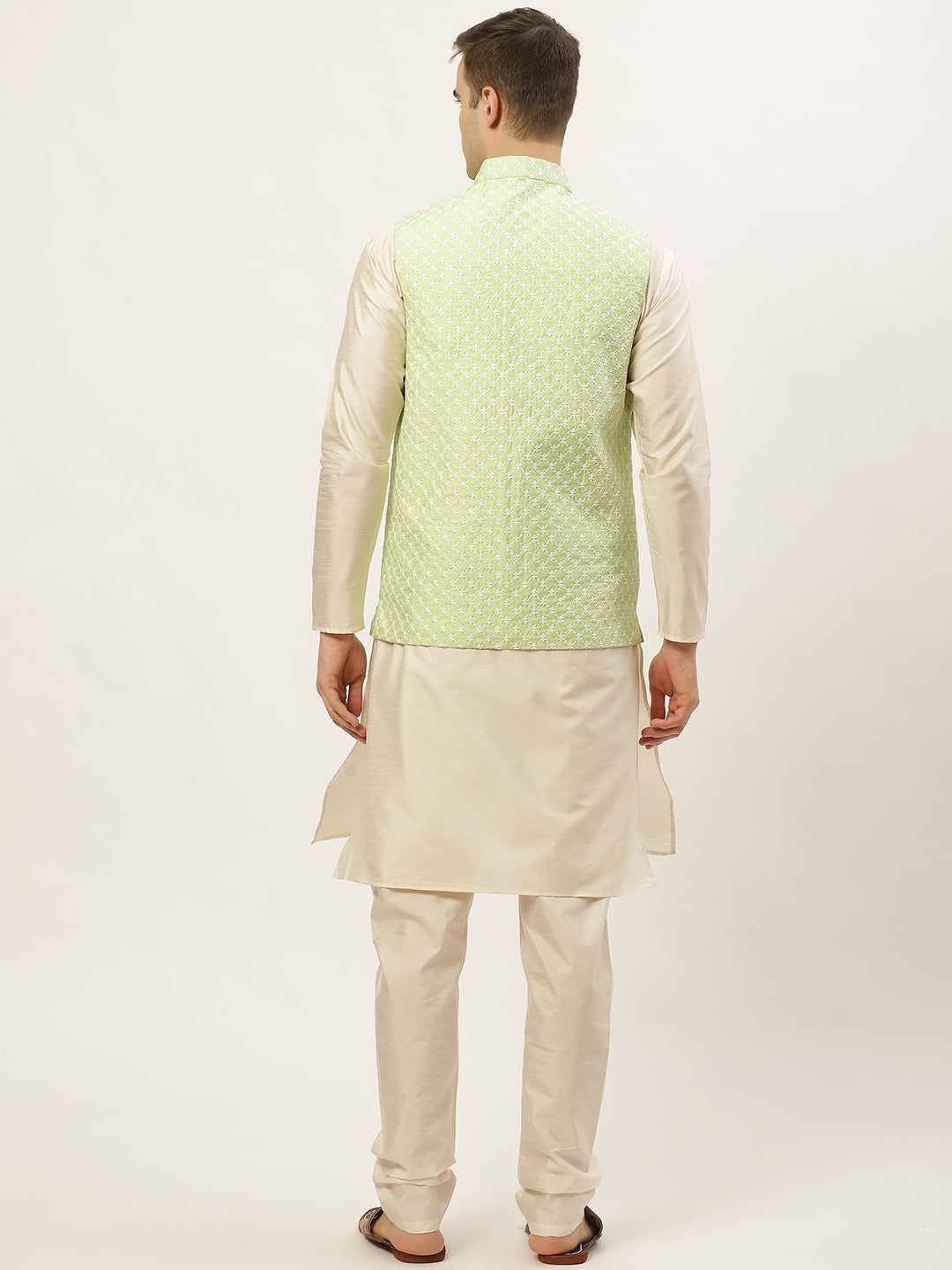 Jompers Men's Embroidered Nehru Jacket & Kurta Pyjama (Green ) | Grocsy