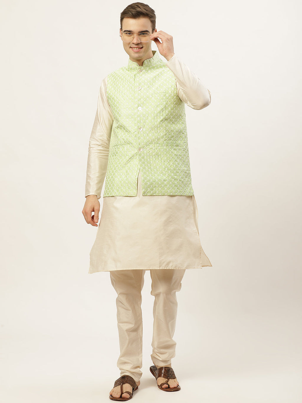 Jompers Men's Embroidered Nehru Jacket & Kurta Pyjama (Green ) | Grocsy