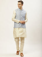 Jompers Men's Embroidered Nehru Jacket & Kurta Pyjama ( Grey ) | Grocsy