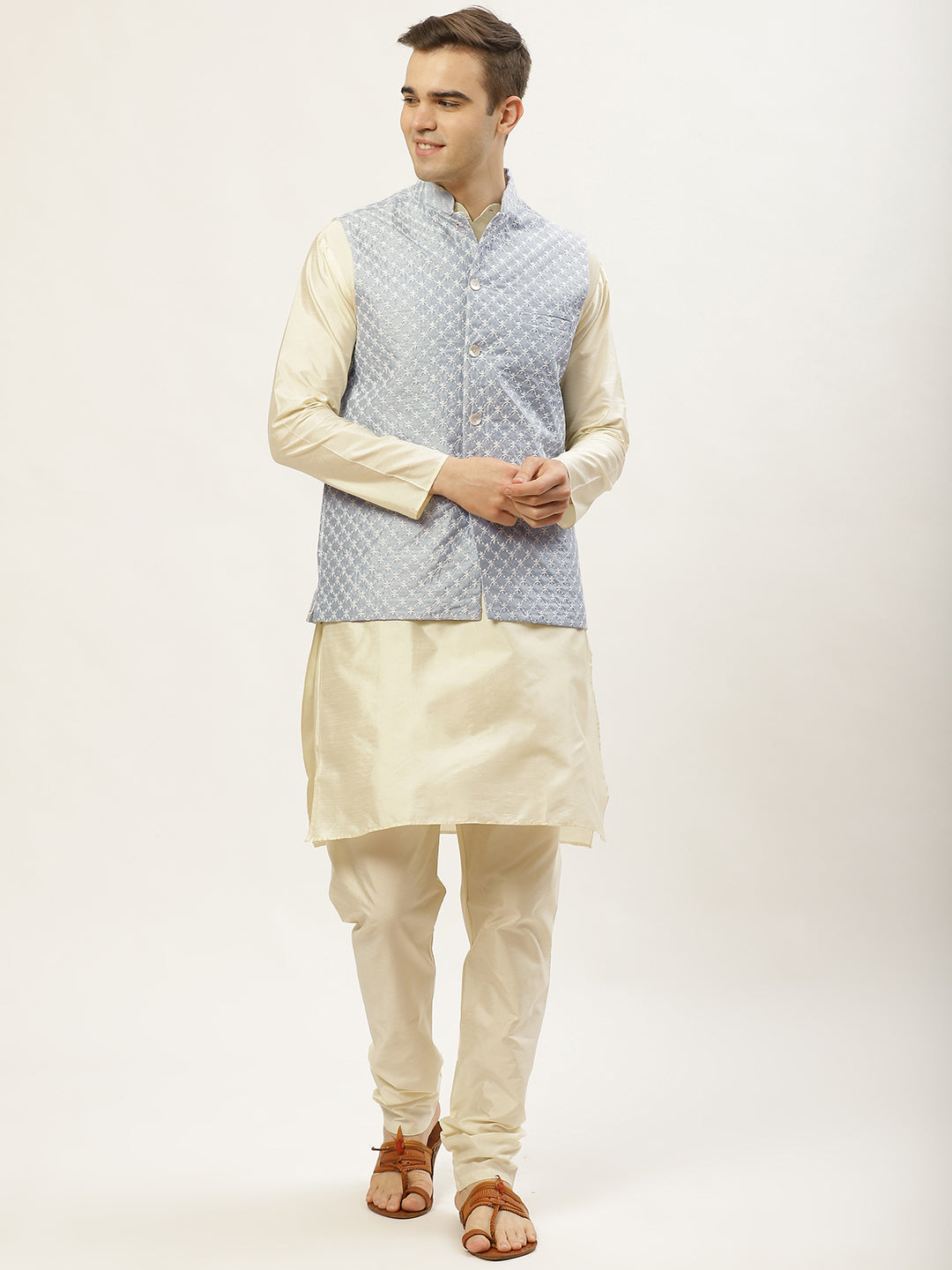 Jompers Men's Embroidered Nehru Jacket & Kurta Pyjama ( Grey ) | Grocsy