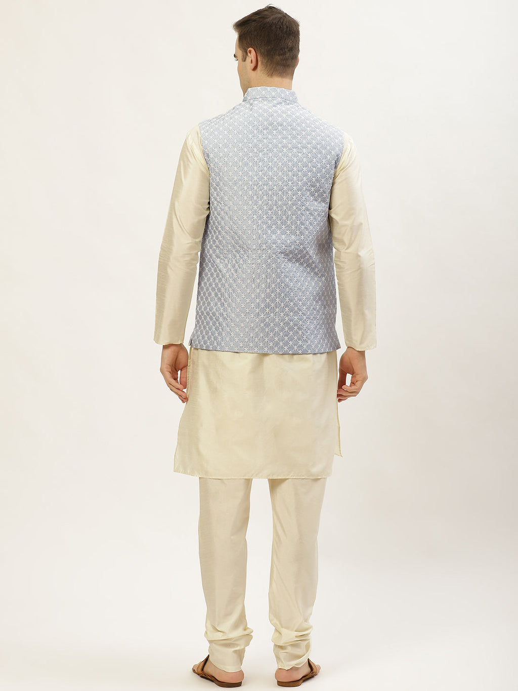 Jompers Men's Embroidered Nehru Jacket & Kurta Pyjama ( Grey ) | Grocsy