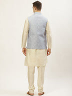 Jompers Men's Embroidered Nehru Jacket & Kurta Pyjama ( Grey ) | Grocsy