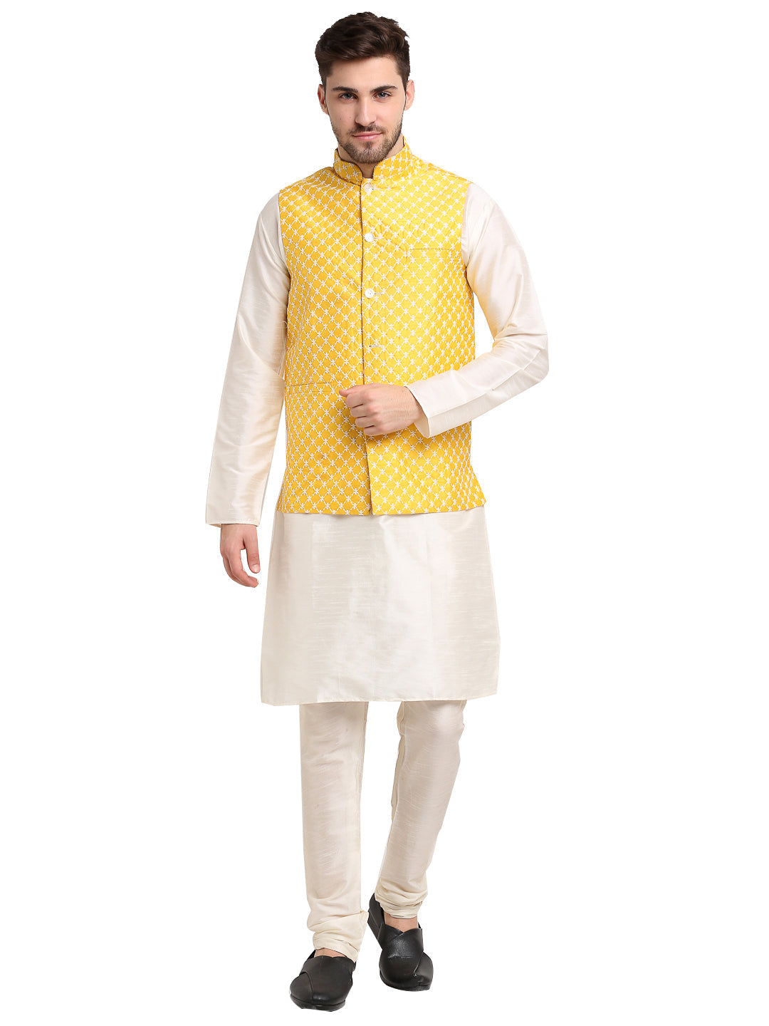 Jompers Men's Embroidered Nehru Jacket & Kurta Pyjama ( Mustard ) | Grocsy