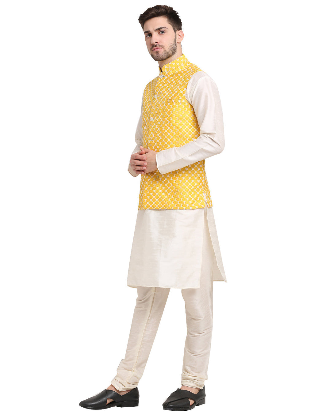 Jompers Men's Embroidered Nehru Jacket & Kurta Pyjama ( Mustard ) | Grocsy