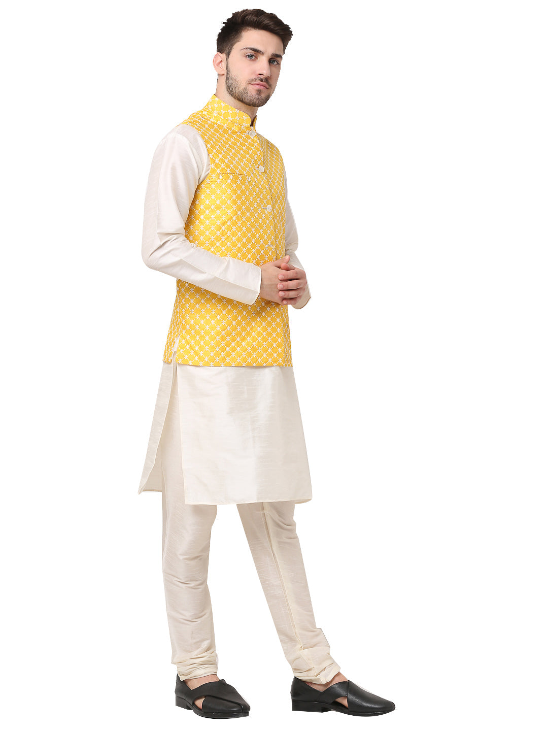 Jompers Men's Embroidered Nehru Jacket & Kurta Pyjama ( Mustard ) | Grocsy