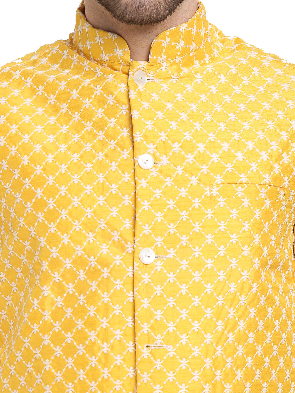 Jompers Men's Embroidered Nehru Jacket & Kurta Pyjama ( Mustard ) | Grocsy