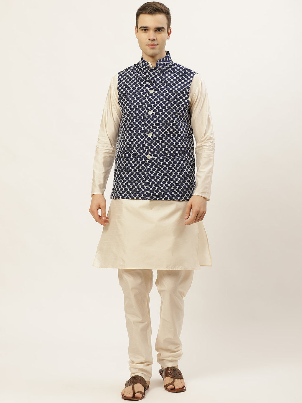 Jompers Men's Embroidered Nehru Jacket & Kurta Pyjama ( Navy ) | Grocsy