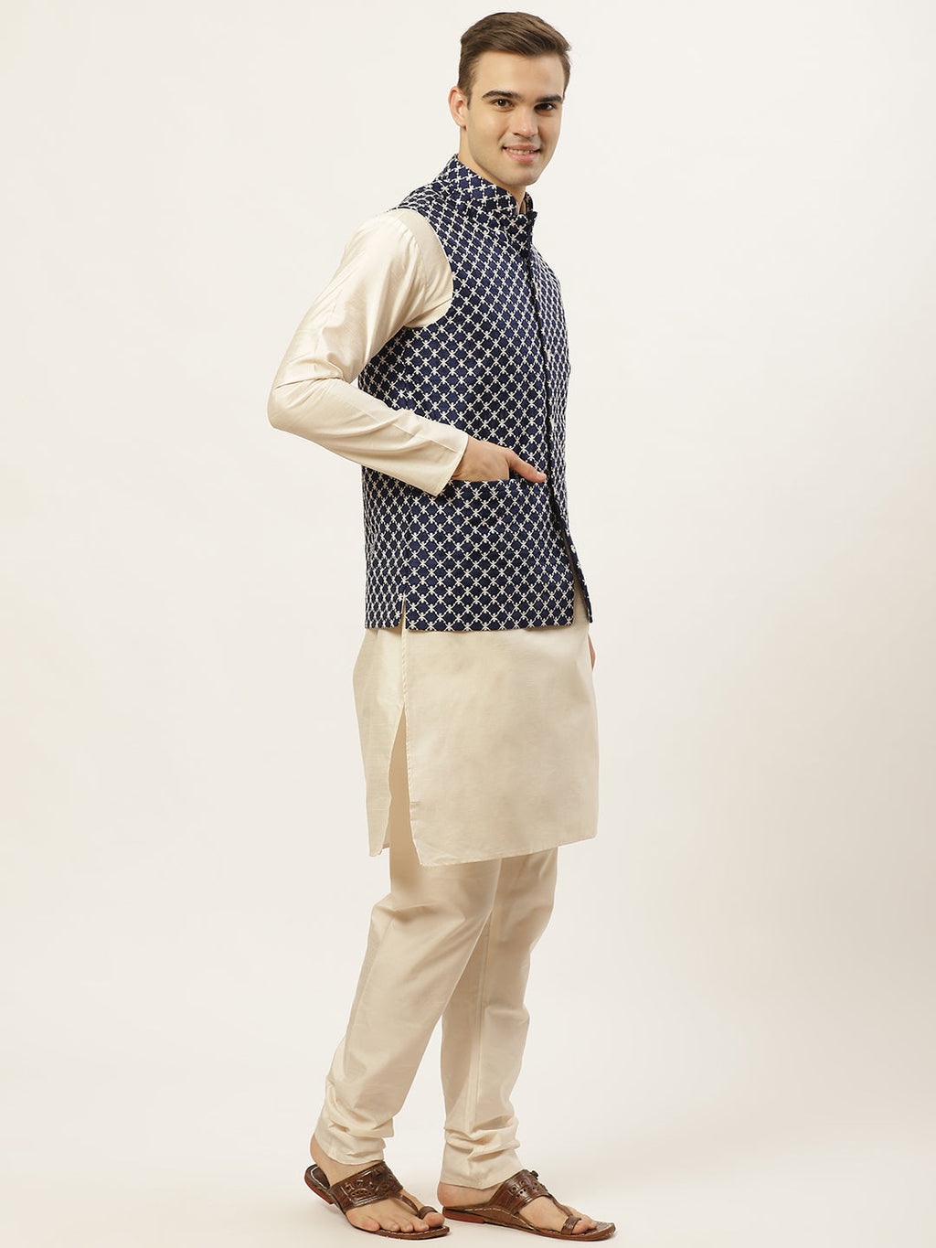 Jompers Men's Embroidered Nehru Jacket & Kurta Pyjama ( Navy ) | Grocsy