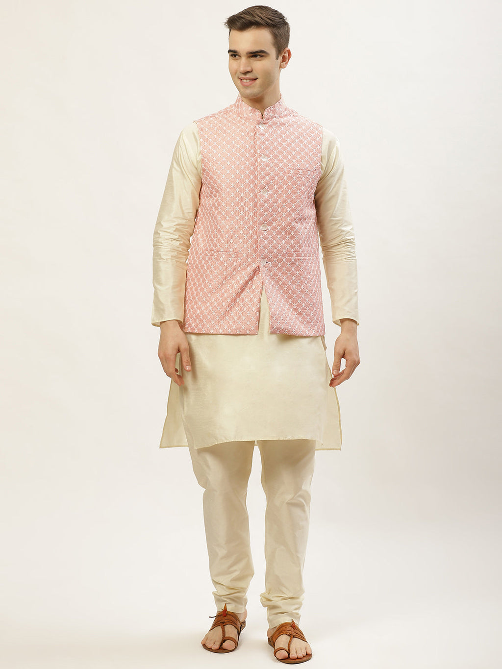 Jompers Men's Embroidered Nehru Jacket & Kurta Pyjama ( Peach ) | Grocsy