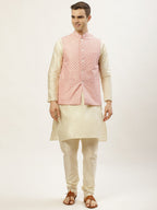 Jompers Men's Embroidered Nehru Jacket & Kurta Pyjama ( Peach ) | Grocsy