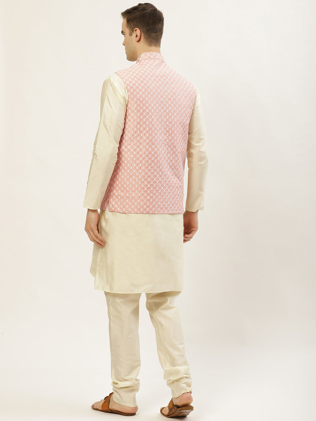 Jompers Men's Embroidered Nehru Jacket & Kurta Pyjama ( Peach ) | Grocsy