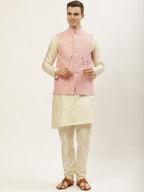 Jompers Men's Embroidered Nehru Jacket & Kurta Pyjama ( Peach ) | Grocsy