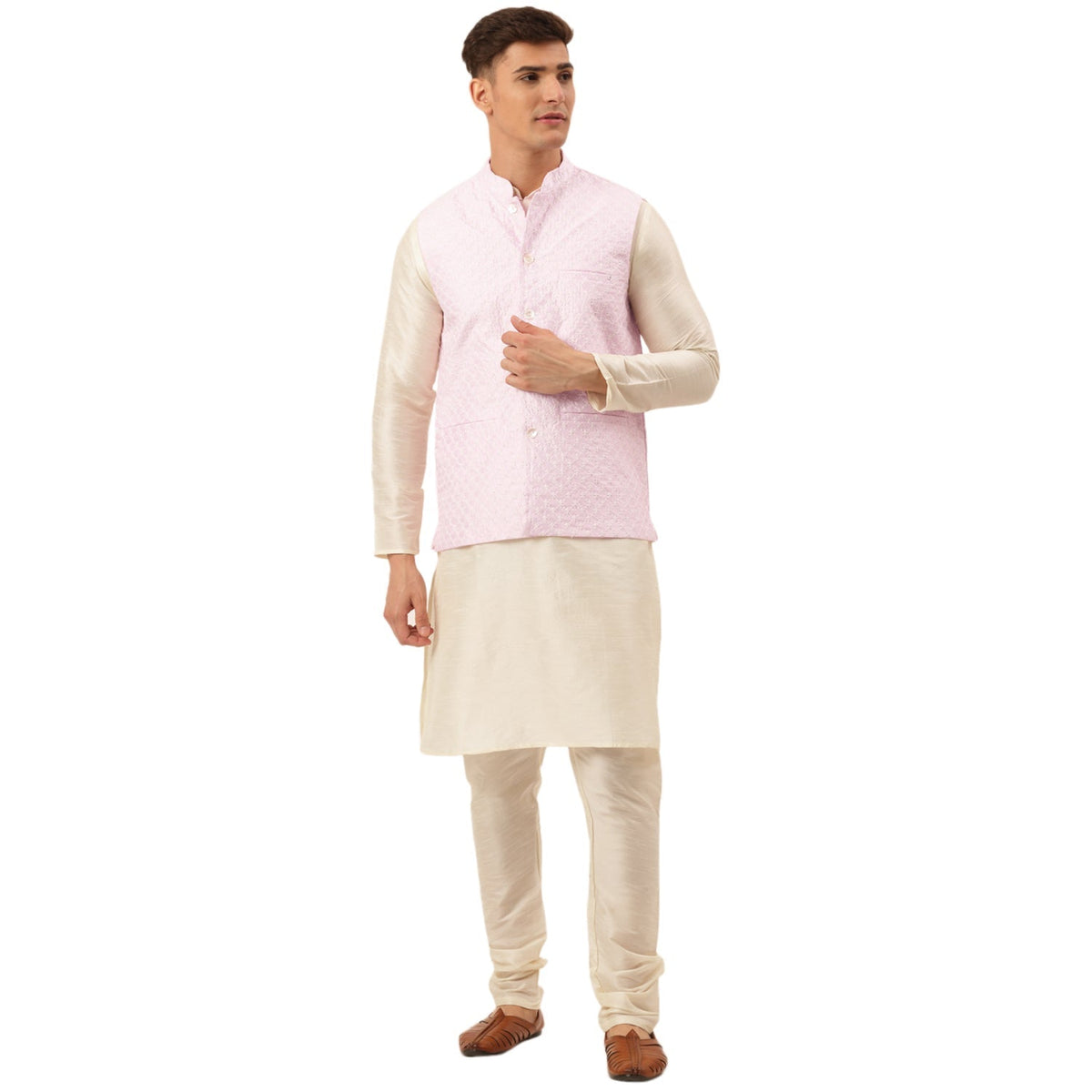 Jompers Men's Woven Design Nehru Jacket and Kurta Pyjama Set - Pink | Grocsy