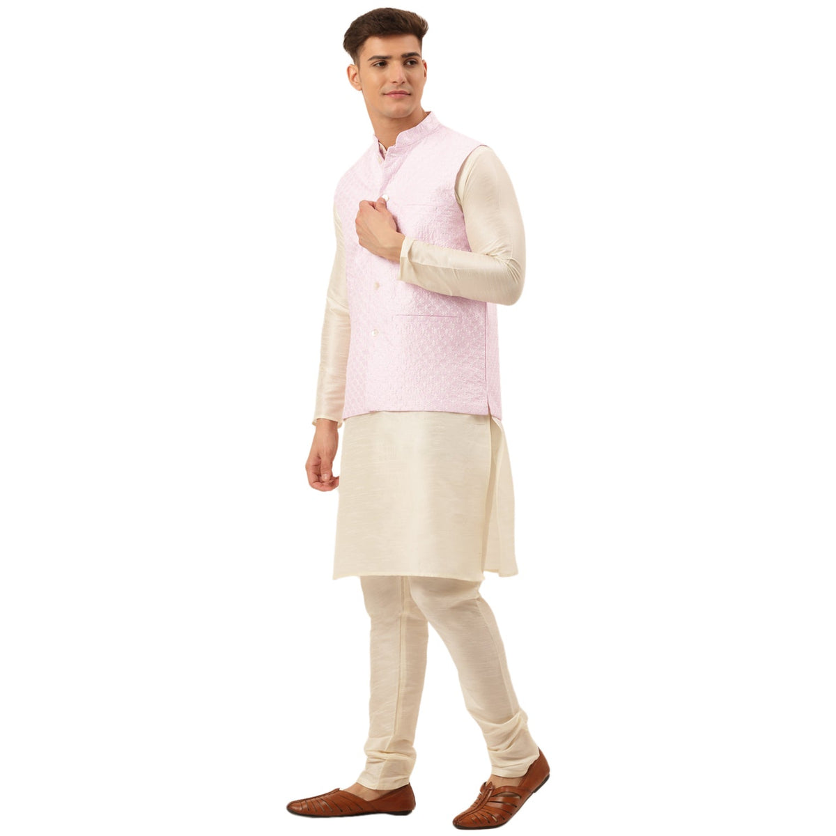 Jompers Men's Woven Design Nehru Jacket and Kurta Pyjama Set - Pink | Grocsy
