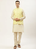 Jompers Men's Embroidered Nehru Jacket & Kurta Pyjama ( Yellow ) | Grocsy