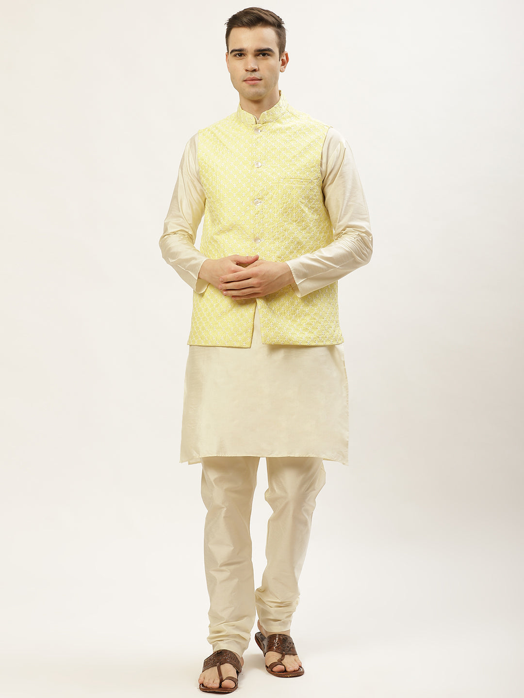 Jompers Men's Embroidered Nehru Jacket & Kurta Pyjama ( Yellow ) | Grocsy