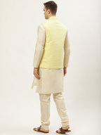 Jompers Men's Embroidered Nehru Jacket & Kurta Pyjama ( Yellow ) | Grocsy