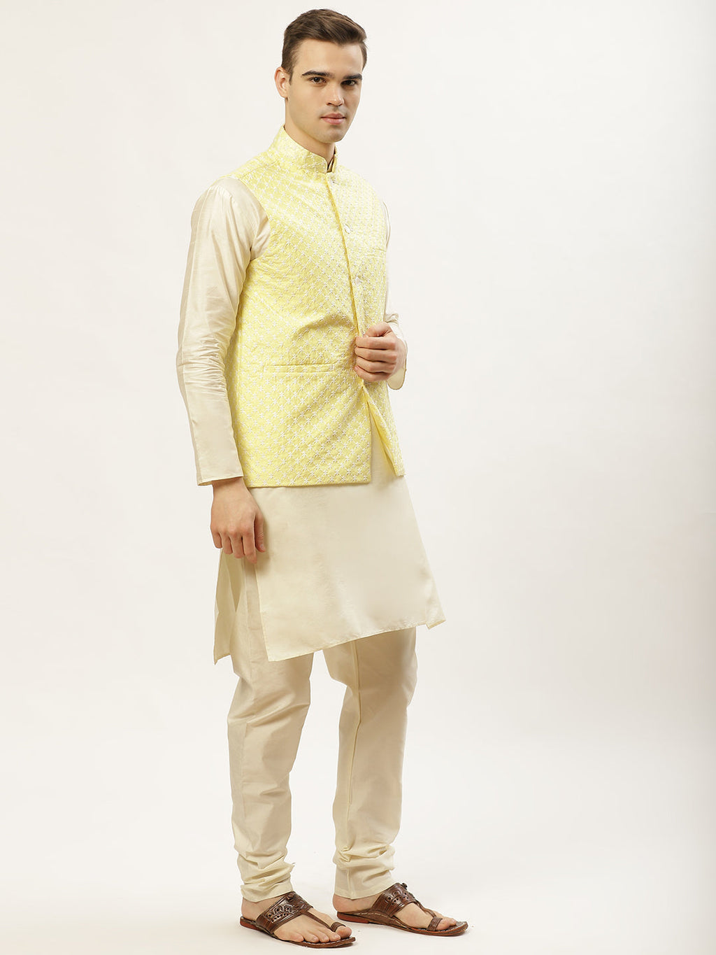 Jompers Men's Embroidered Nehru Jacket & Kurta Pyjama ( Yellow ) | Grocsy