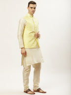 Jompers Men's Embroidered Nehru Jacket & Kurta Pyjama ( Yellow ) | Grocsy