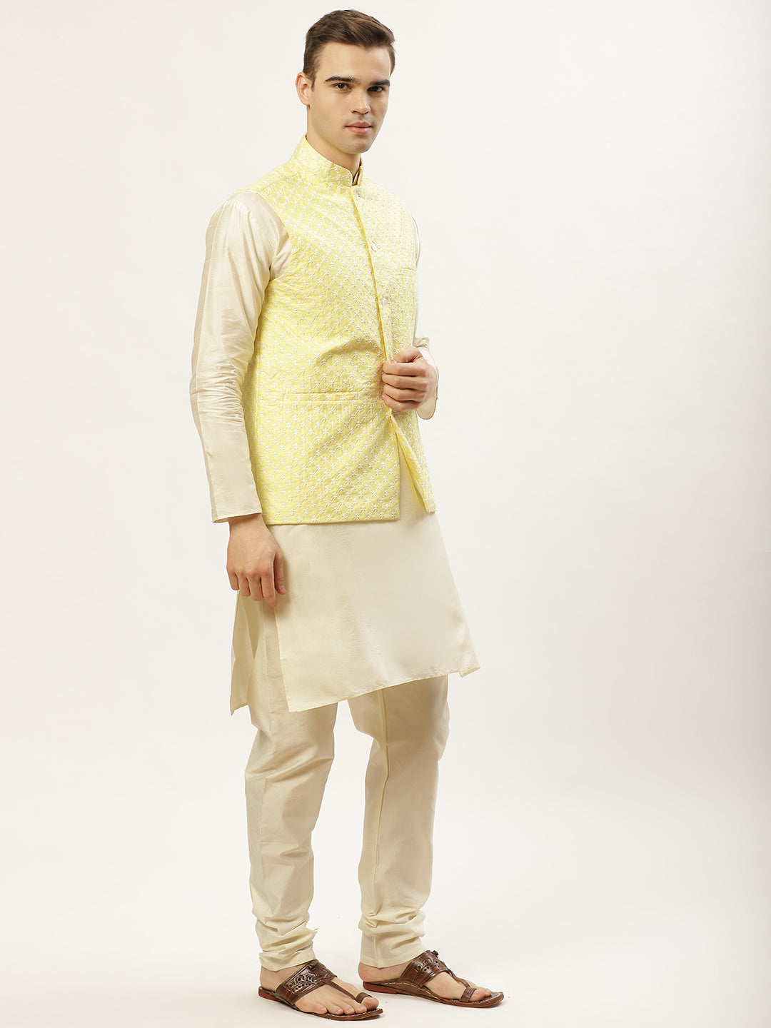 Jompers Men's Embroidered Nehru Jacket & Kurta Pyjama ( Yellow ) | Grocsy