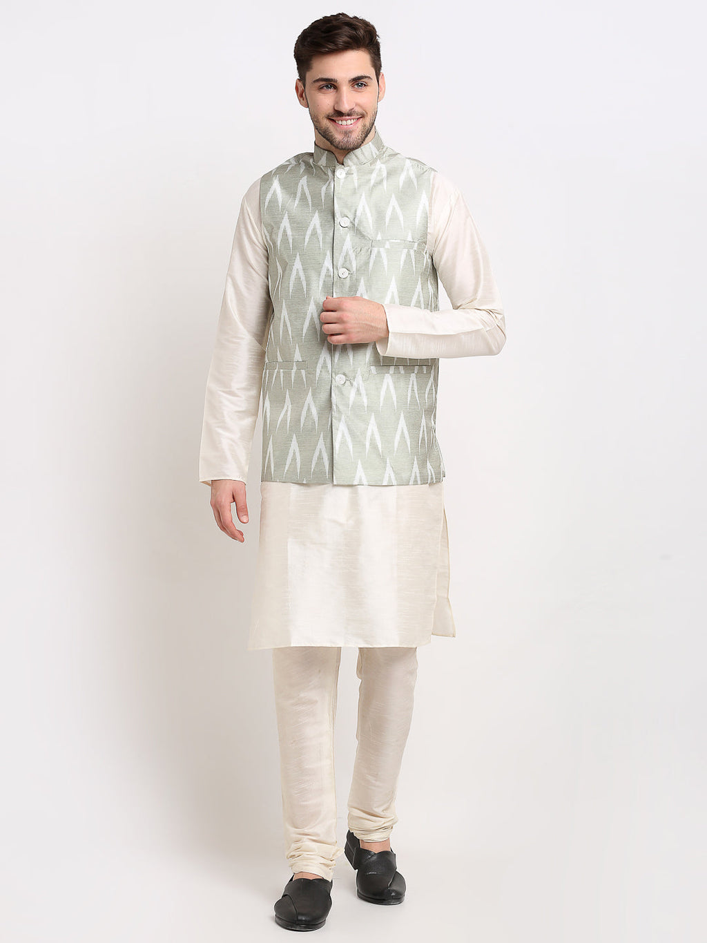 Jompers Men's Ikat Print Nehru Jacket & Kurta Pyjama ( Grey ) | Grocsy