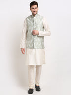 Jompers Men's Ikat Print Nehru Jacket & Kurta Pyjama ( Grey ) | Grocsy