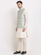 Jompers Men's Ikat Print Nehru Jacket & Kurta Pyjama ( Grey ) | Grocsy