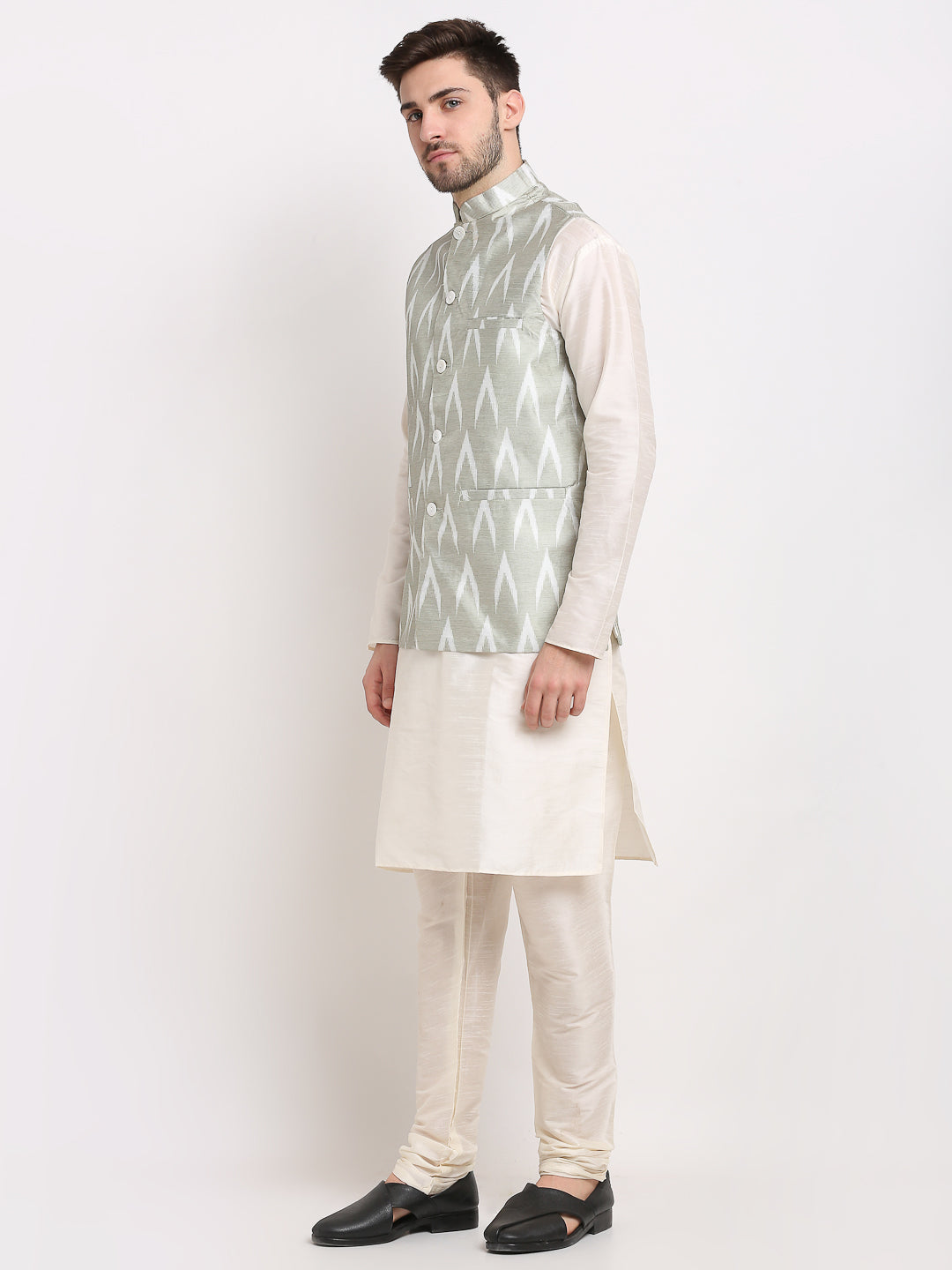 Jompers Men's Ikat Print Nehru Jacket & Kurta Pyjama ( Grey ) | Grocsy