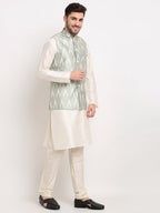 Jompers Men's Ikat Print Nehru Jacket & Kurta Pyjama ( Grey ) | Grocsy